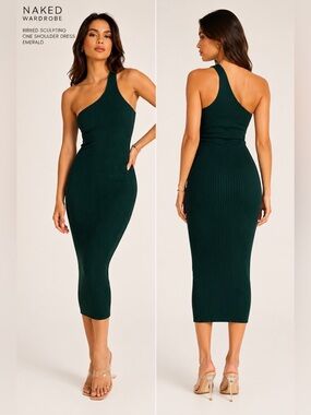 Naked wardrobe One-Shoulder Ribbed bodycon Midi Dress in Emerald Green size S